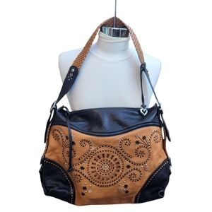 Brighton #D476721 Stylish Black and Tan Embroidered Handbag